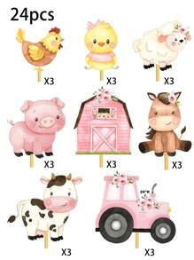 16/24pcs Farm Party Theme Paper Cupcake Toppers, Farm Themed Centerpieces, 4-Inch Farm Animal Cutouts, Farm Animal Decorations, Cupcake Decorations, Tabletop Decorations For Party Favors, Back To School Valentine Day