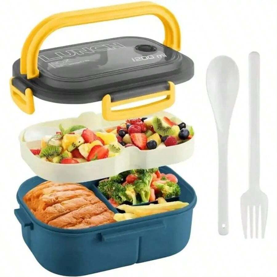 1 pièce Boîte à lunch scellée en 2 couches de 1200 ml pour enfants, fruits, étudiants, travailleurs de bureau. Boîte à bentô micro-ondable avec fourchette et cuillère. Cadeau de Noël - Multicolore - Voir 1