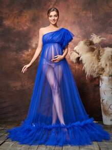 Faeriesty Dressalisa Maternity One Shoulder |Sheer Tulle Photography Dress - Royal Blue - View 1