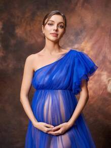 Faeriesty Dressalisa Maternity One Shoulder |Sheer Tulle Photography Dress - Royal Blue - View 7