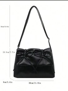 Bow Decor 1pc Black Drawstring Pleated Bowknot Decor Pu Material Flap Zippered Shoulder Bag With Adjustable Strap, Suitable For Daily Commuting Outfits Use