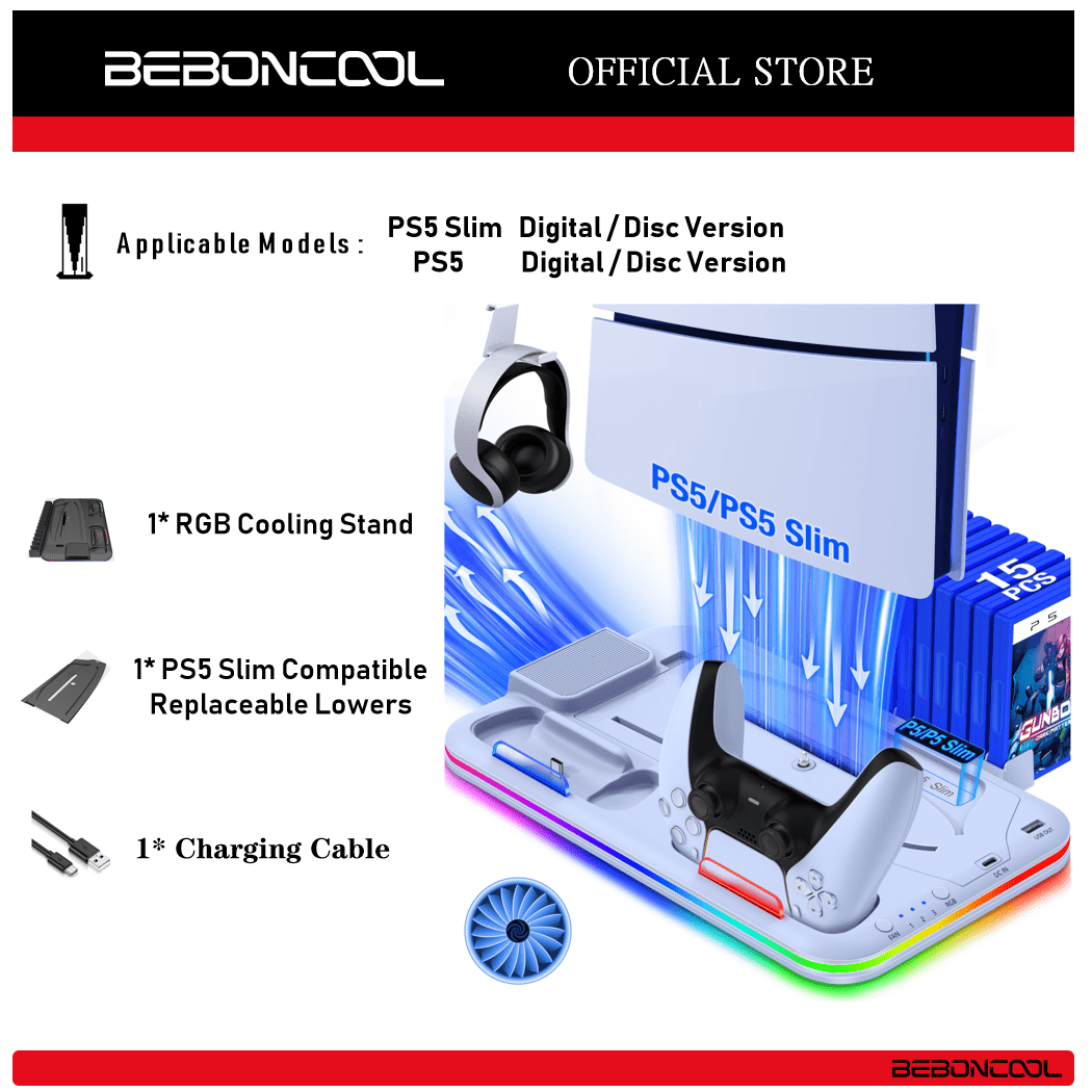  BEBONCOOL S2000 Playsation 5 Stand, Playsation 5 Slim Stand With Cooling Station And Controller Charging Station For Playsation 5 Slim Console Disc/Digital, Playsation 5 Accessories-Cooling Fan, RGB LED, Headset Holder, 15 Game Slot For Playstation 5
