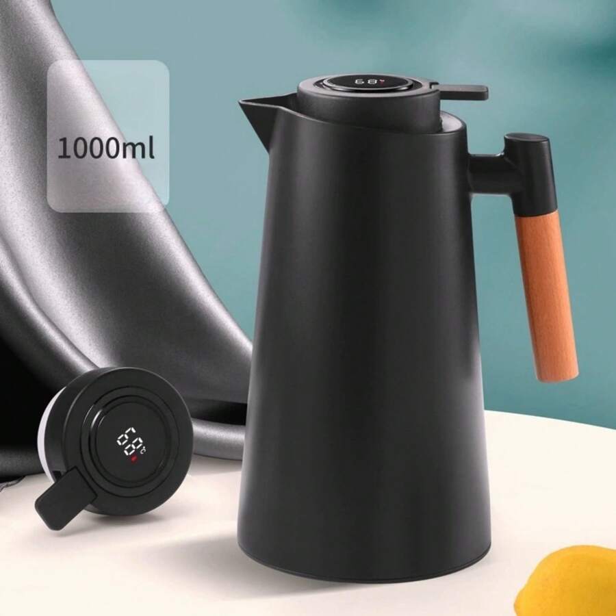 Nordic Digital Thermometer 1L Coffee Tea  Bottle With Wooden Handle - Negro - Ver 1