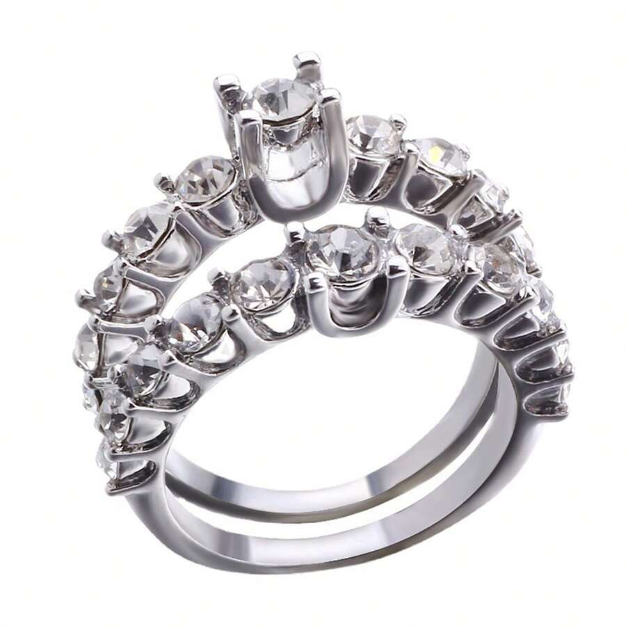 Generic 2Pcs Women Rings Shiny Faux Gem Sparkling Geometric Electroplating Decoration Gift Heart Shaped Wedding Engagement Rings - 5 - 查看 1