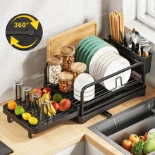 Dish Drainer Rack Kitchen Sink Drying Rack Bowl Plate Holder W/360° Drip Tray UK - Black - View 1