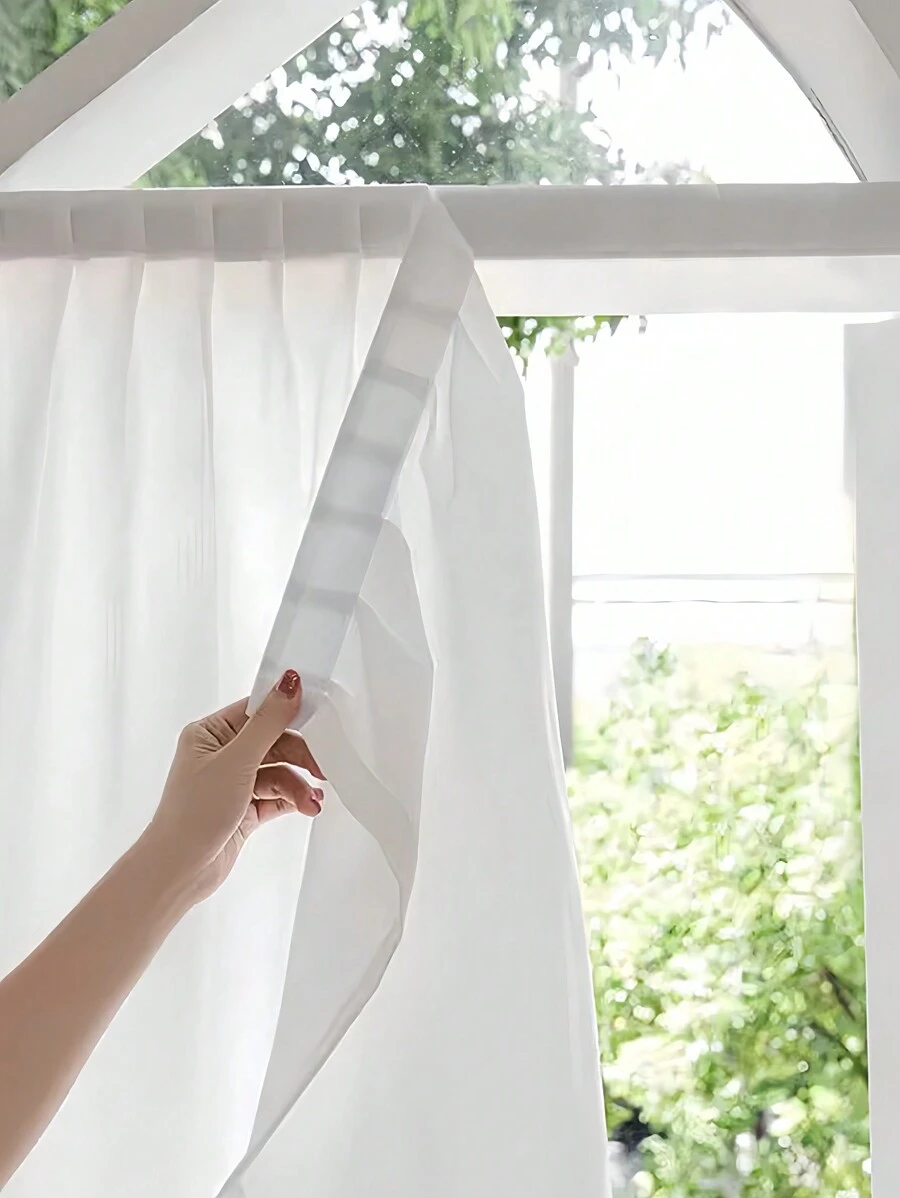 1pc No Drill Hook-And-Loop French Romantic White Curtains , Daily White Simple Solid Color Christmas Hook-And-Loop Fastener Sheer Curtains For Kitchen Home ,Door Curtain , Bedroom Curtains , Window Curtain, Soft Texture Scratch-Resistant Without Drilling Curtains , Living Room Curtains - White - View 1