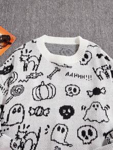 Plus Size Cartoon Print Crew Neck Casual Long Sleeve Pullover Sweater - White - View 5