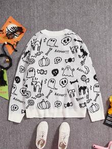 Plus Size Cartoon Print Crew Neck Casual Long Sleeve Pullover Sweater - White - View 7