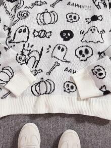 Plus Size Cartoon Print Crew Neck Casual Long Sleeve Pullover Sweater - White - View 2