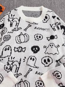 Plus Size Cartoon Print Crew Neck Casual Long Sleeve Pullover Sweater - White - View 6