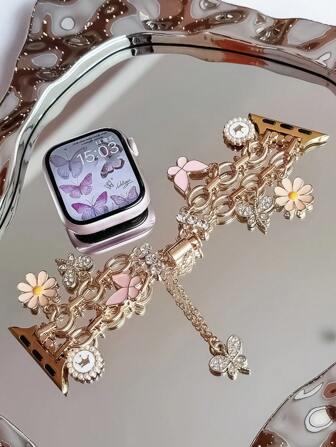 1pc Fashion Apple Watch Strap Gold Bracelet For Women, Metal Double Chain, Compatible With Apple Watch Series 10/9/8/7/SE/6/5/4, 38mm 40mm 41mm 42mm 44mm 45mm 46mm 49mm, Smart Watch Band For Her Bracelet Wristband As Gift, Gift For Friends, Adjustable Apple Watch Strap