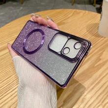 亮片闪耀优雅电镀磁吸附无线充电 Magsafe 充电器保护套件与您的手机兼容，附带手机壳，兼容 OPPO Reno 12F RENO11A A3 PRO 5G/F27 PRO+/A60 A77S A77 A18 A38 RENO7Z RENO11 F RENO8Z 8T。电镀闪光手机壳和保护套带电镀磁吸附无线充电 Magsafe 充电器，时尚彩色闪光女式电镀软套，防摔保护壳，适用 - 電鍍閃粉 藍色+引磁圈 - 查看 6