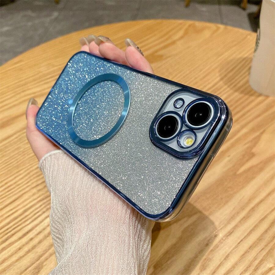 亮片闪耀优雅电镀磁吸附无线充电 Magsafe 充电器保护套件与您的手机兼容，附带手机壳，兼容 OPPO Reno 12F RENO11A A3 PRO 5G/F27 PRO+/A60 A77S A77 A18 A38 RENO7Z RENO11 F RENO8Z 8T。电镀闪光手机壳和保护套带电镀磁吸附无线充电 Magsafe 充电器，时尚彩色闪光女式电镀软套，防摔保护壳，适用 - 電鍍閃粉 藍色+引磁圈 - 查看 1