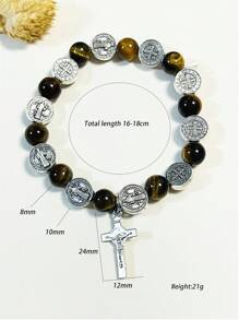 1pc Vintage  Saint Benedict Natural Stone Bead, Tiger Eye Cross Alloy Pendant, Prayer Beads Bracelet For Men