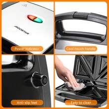 Sandwich Maker With Non-Stick Coating, Triangular Shaped Plates, LED Indicator, Cold Touch Handle, Vertical Storage, 800W, Steel And Black Color - 查看 4