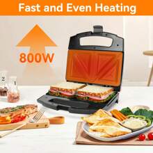 Sandwich Maker With Non-Stick Coating, Triangular Shaped Plates, LED Indicator, Cold Touch Handle, Vertical Storage, 800W, Steel And Black Color - 查看 2