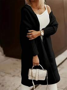 Plus Size Women Solid Color Long Sleeve Hooded Loose Casual Open Front Cardigan Sweater, Autumn/Winter, Pocket Design, Elegant Dress Women Holiday Outfits For Women Black Top