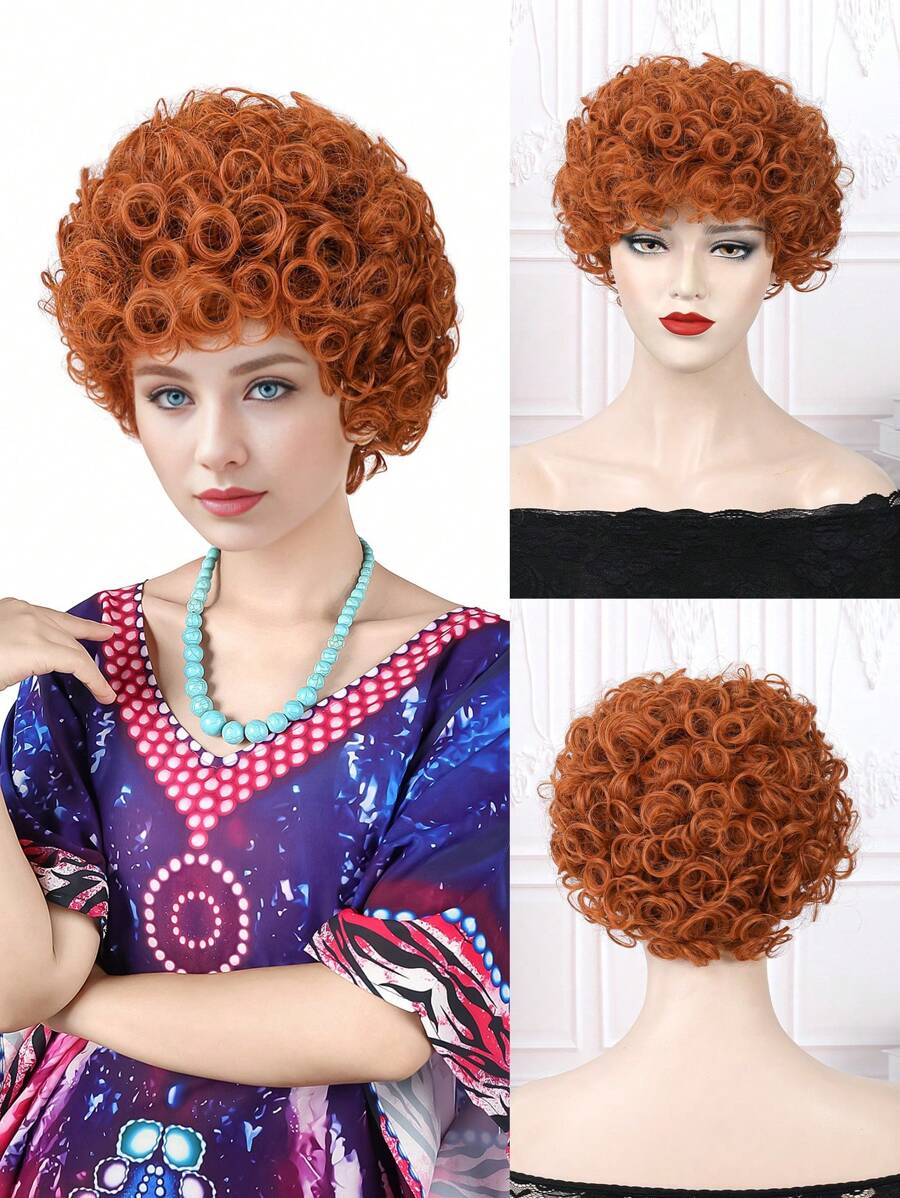 橙色假发卷曲短假发罗伯特夫人假发姜色万圣节服装女士假发 - 臟橘色 - 查看 1