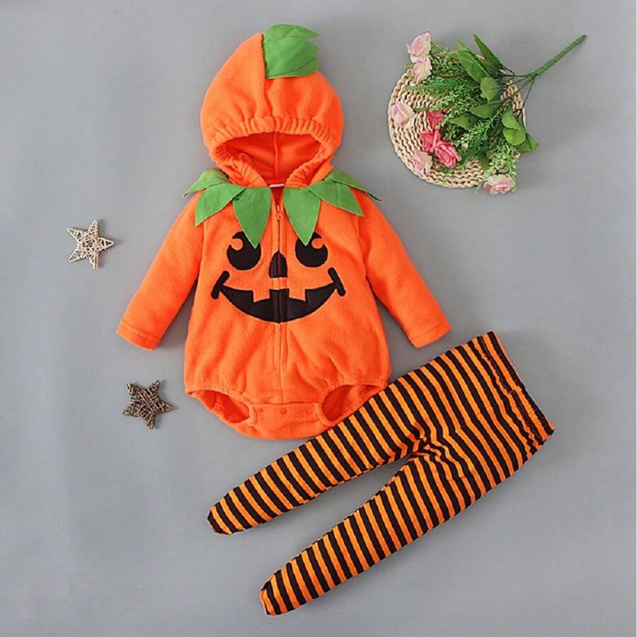 Baby Boy Halloween Pumpkin Face Print Hooded Bodysuit With Striped Pants, Spring Autumn, For Halloween Party - Orange - View 1