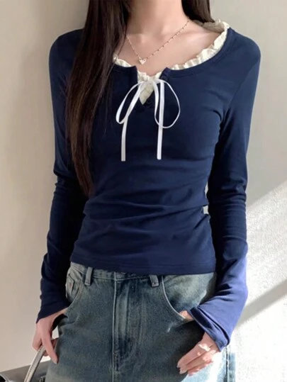 Casual Colorblock 2 In 1 Long Sleeve T-Shirt, Spring