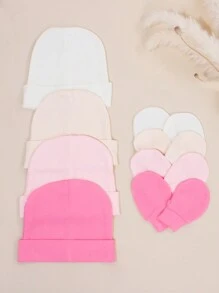 4件套粉色新生儿医院帽，婴儿帽和防抓手套套装，适合0-3个月女婴，必备婴儿帽、针织帽和手套，日常休闲穿着 - 彩色 - 查看 2
