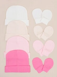 4件套粉色新生儿医院帽，婴儿帽和防抓手套套装，适合0-3个月女婴，必备婴儿帽、针织帽和手套，日常休闲穿着 - 彩色 - 查看 3