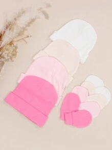 4件套粉色新生儿医院帽，婴儿帽和防抓手套套装，适合0-3个月女婴，必备婴儿帽、针织帽和手套，日常休闲穿着 - 彩色 - 查看 4