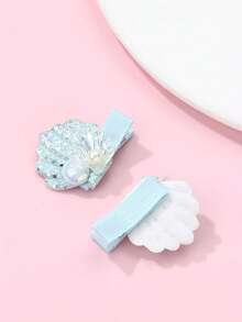 2个/套 贝壳形树脂白色仿珍珠蓝色布艺鳄鱼发夹，适合日常佩戴 - 淺藍色 - 查看 5