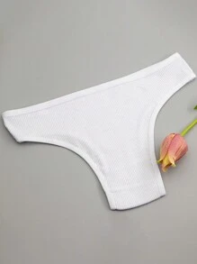 5 件装 女士白色罗纹针织高腰透气性感丁字裤 - 白色 - 查看 5