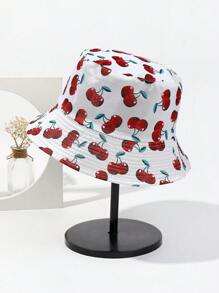 1pc Unisex White Cherry Printed Bucket Hat For Summer - White - View 1