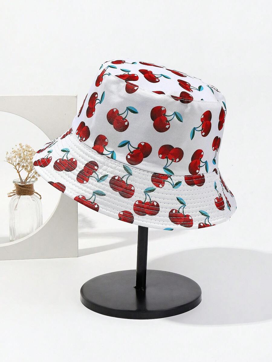 1pc Unisex White Cherry Printed Bucket Hat For Summer - White - View 1