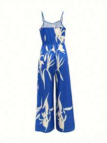 Letni, plisowany kombinezon z drapowanym dekoltem i paskiem spaghetti z nadrukiem i szerokimi nogawkami