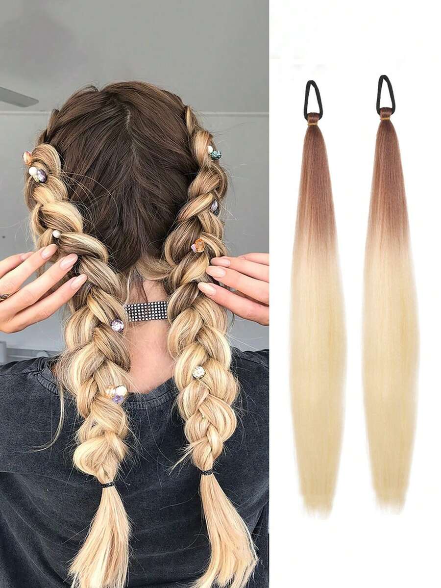 2pcs Ombre Straight Ponytail Elastic Hair Extensions For Girls, EasyTo