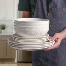 4pcs Artena Pasta Bowls 32oz, Ceramic Large Salad Bowls 8 Inch, Embossed Soup Bowls, White Serving Bowls For Entertaining, Wide Shallow Dinner Bowls For Spaghetti, Microwave Dishwasher Oven Safe