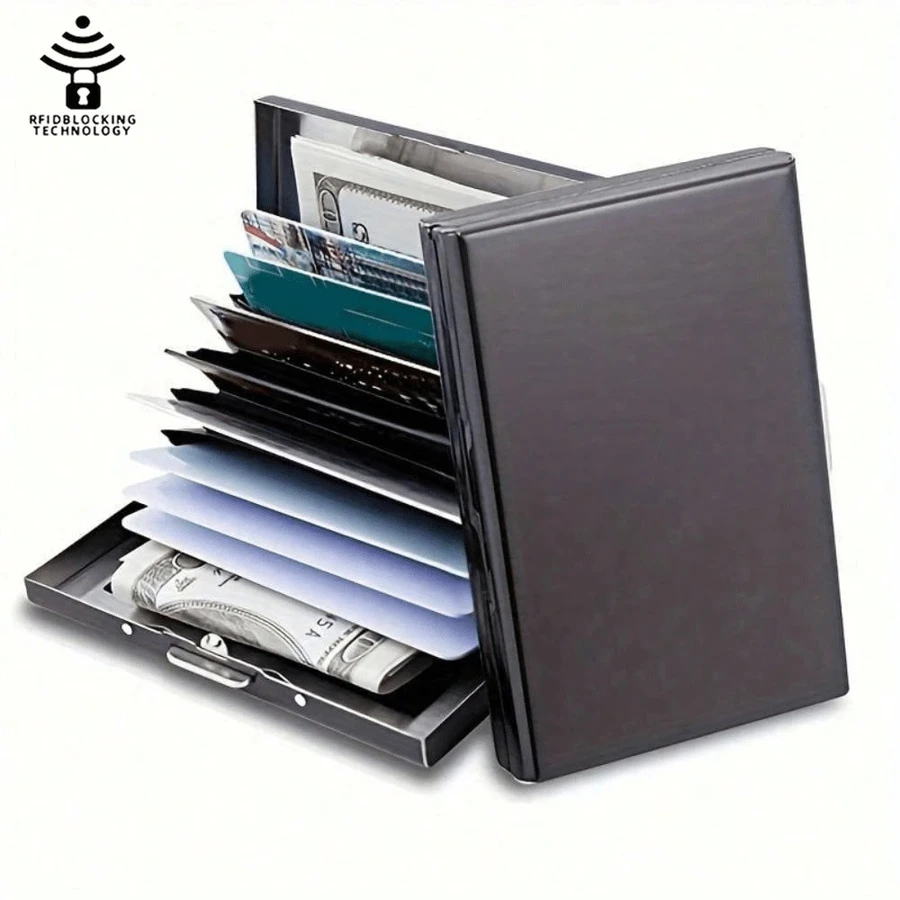 时尚 6/8/10 卡槽 不锈钢外壳 防消磁盒 便携式收纳保护器 黑色 S 万圣节礼物 教师节礼物 女士 男士礼物 卡夹 钱包 名片夹 男士信用卡夹 迷你钱包 卡片钱包 射频识别钱包