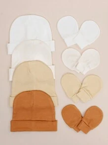 4pcs/Set Solid Color Newborn Baby Hat + Scratch Mittens Suit, 0-3 Months, Extremely Soft And Comfortable, Great Gift For Newborns - 彩色 - 查看 2