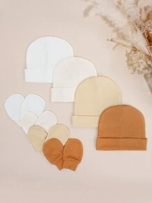 4pcs/Set Solid Color Newborn Baby Hat + Scratch Mittens Suit, 0-3 Months, Extremely Soft And Comfortable, Great Gift For Newborns - 彩色 - 查看 4