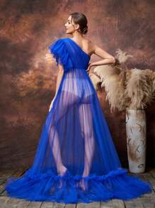 Faeriesty Dressalisa Maternity One Shoulder |Sheer Tulle Photography Dress - Royal Blue - View 2