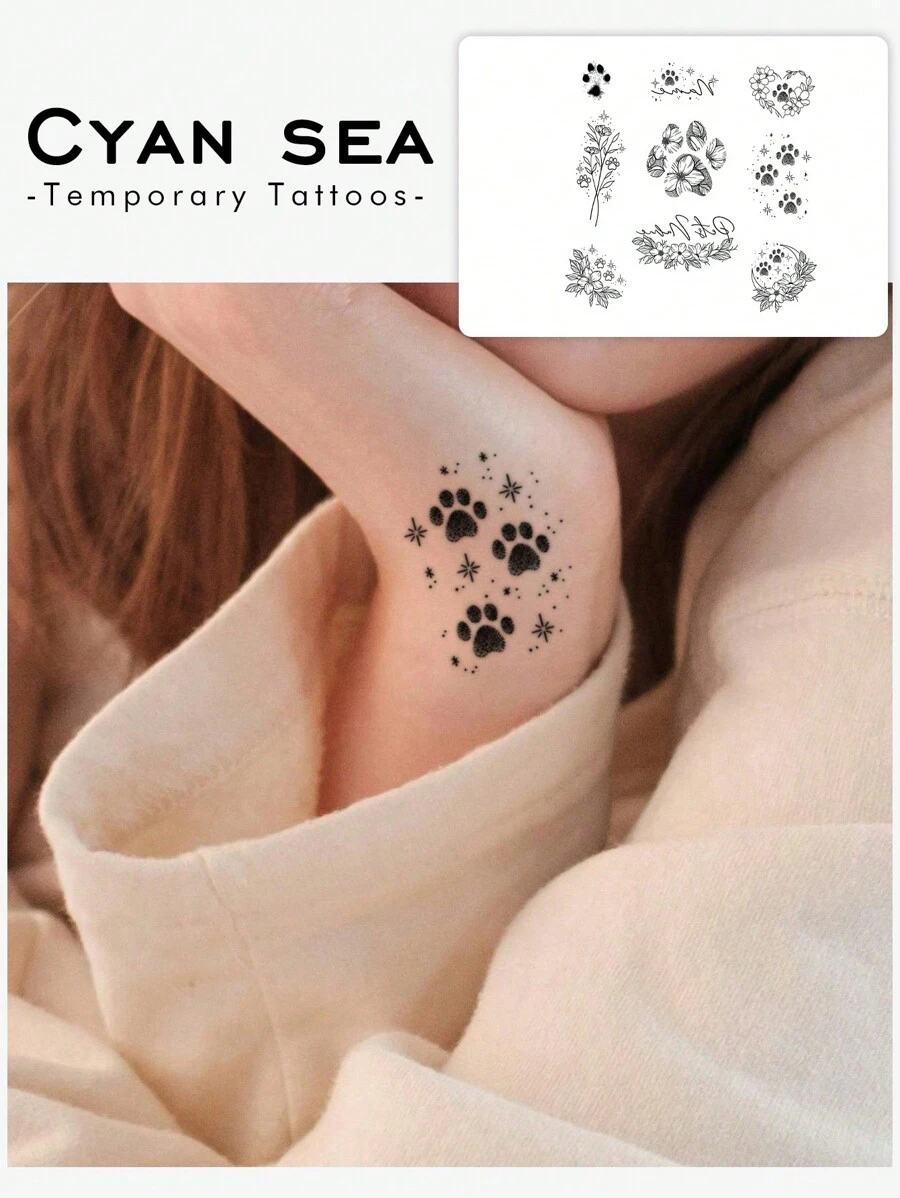 1pc Waterproof Sweatproof Washable Non-Reflective Temporary Tattoo Sticker, With Various Patterns Such As Blooming Flowers, Plants, Paw Print Of Little Dogs, Suitable For Fashionable People For Daily Use. - Black - View 1