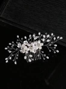 1件装女士时尚古典发梳，饰以仿珍珠、水钻和花朵，可作侧梳，适合上学、婚礼、伴娘礼物、派对等场合。 - 銀色 - 查看 5