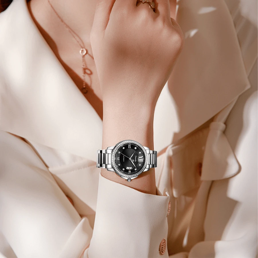 Deesio 女士機械手錶，時尚優雅風格316L不鏽鋼錶帶，防水且帶有日曆顯示的錶盤 - 黑色 - 查看 1