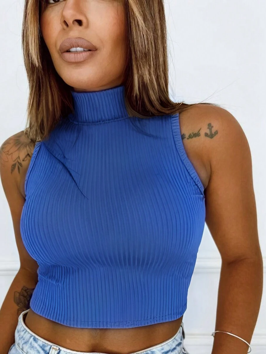 Cropped Blouse Women's Ribbed High Neck Shirt - Blue - View 1