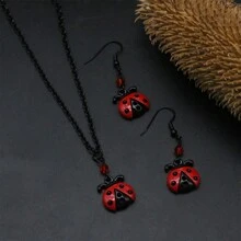 3Pcs Ladybug Necklace And Earring Set, Cute Mini Seven Star Ladybug Pendant, Black Chain, Red Crystal Accents, Charming Costume Jewelry - Ladybug - View 2