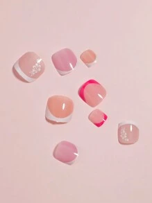 VV MEI JIA ER 96片装混合装，包含4种不同法式设计的短方形按压式脚趾甲，全覆盖，4片亮面假脚趾甲，法式设计，夏季美甲套装，适合女性和女孩，包含可重复使用的收纳盒，美甲用品 - 彩色 - 查看 5