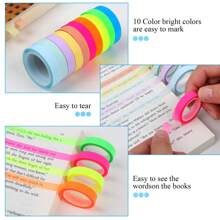10 Rolls Fluorescent Transparent Index Tabs, Waterproof, Writable Highlighter Strips, Suitable For Bookmarks, Memo, Index Coding, Page Tags (5m*6mm) - Color Mixing - View 2