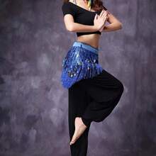 1 pieza Falda de bailarina de Tailandia/India/Árabe, falda sexy para baile del vientre con faja de cadera con flecos, falda de bailarina para mujer, traje de espectáculo con lentejuelas y flecos
