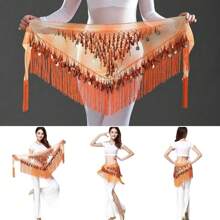 1 pieza Falda de bailarina de Tailandia/India/Árabe, falda sexy para baile del vientre con faja de cadera con flecos, falda de bailarina para mujer, traje de espectáculo con lentejuelas y flecos