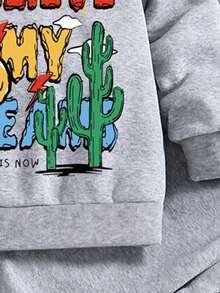 Young Boy Cartoon Printed Warm Round Neck Sweatshirt And Pants Set - Grey - View 5