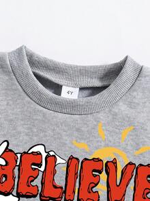 Young Boy Cartoon Printed Warm Round Neck Sweatshirt And Pants Set - Grey - View 3