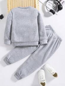 Young Boy Cartoon Printed Warm Round Neck Sweatshirt And Pants Set - Grey - View 2